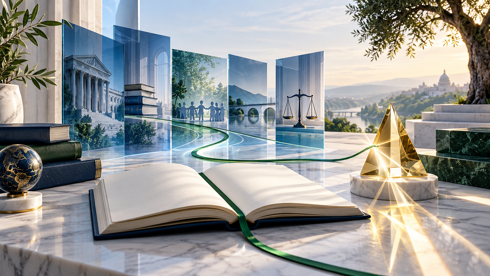 Original executive insights composition with an open journal, civic leadership panels, a green path, and a gold prism turning reflection into action.