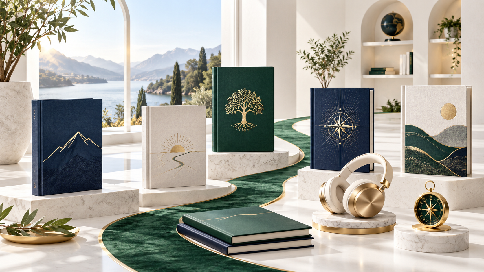 Original New Path collection gallery with five unbranded leadership books, workbooks, audio media, and a gold compass along a green pathway.