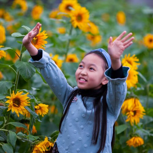 Girl with autism, hands up in a sunflower field