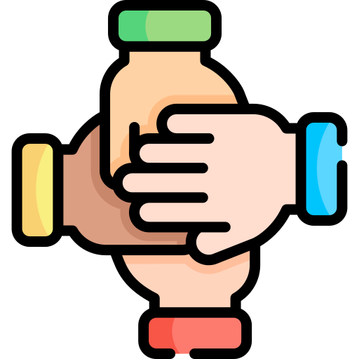 Illustration of four hands of different skin tones clasped in a handshake, symbolizing unity and cooperation.