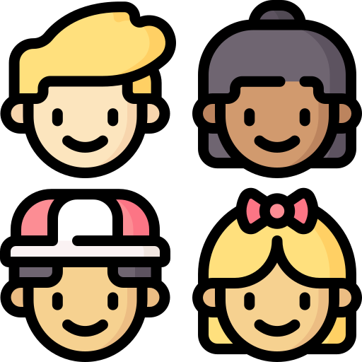 Four children with happy faces, two boys and two girls, each with different hairstyles and attire.