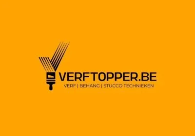 Logo van Verfetopper.be met oranje achtergrond, zwart tekst en grafisch element