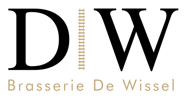 Logo van Brasserie De Wissel met grote letters D en W gescheiden door een treinspoor.
