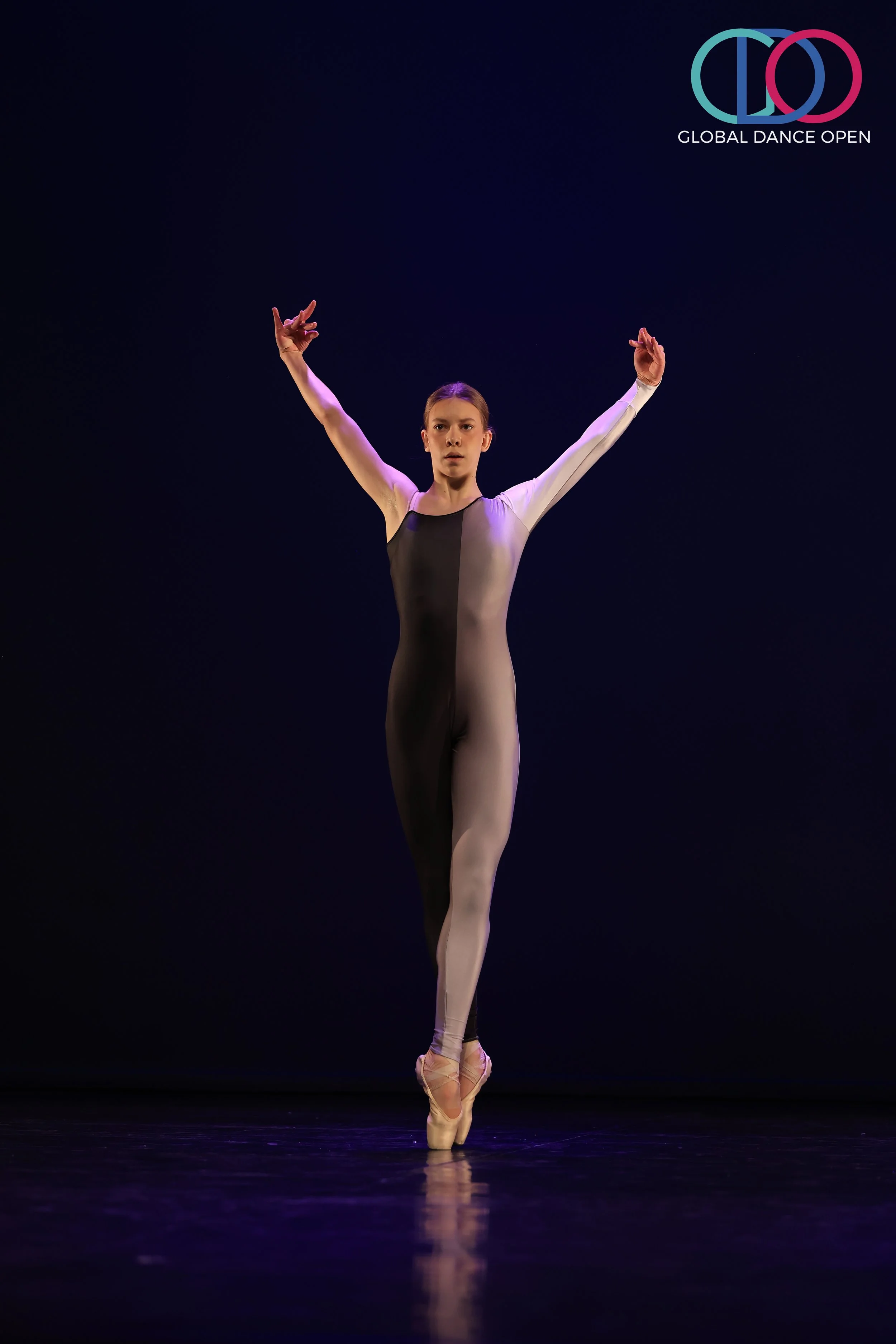 Ballerina in tutu danst op puntes, met armen omhoog, op een donker podium. Logo 'Global Dance Open' in de rechterbovenhoek.