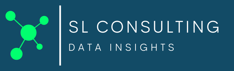 Logo van SL Consulting met een grafisch element en de tekst 'SL Consulting Data Insights' op een blauwgroene achtergrond.