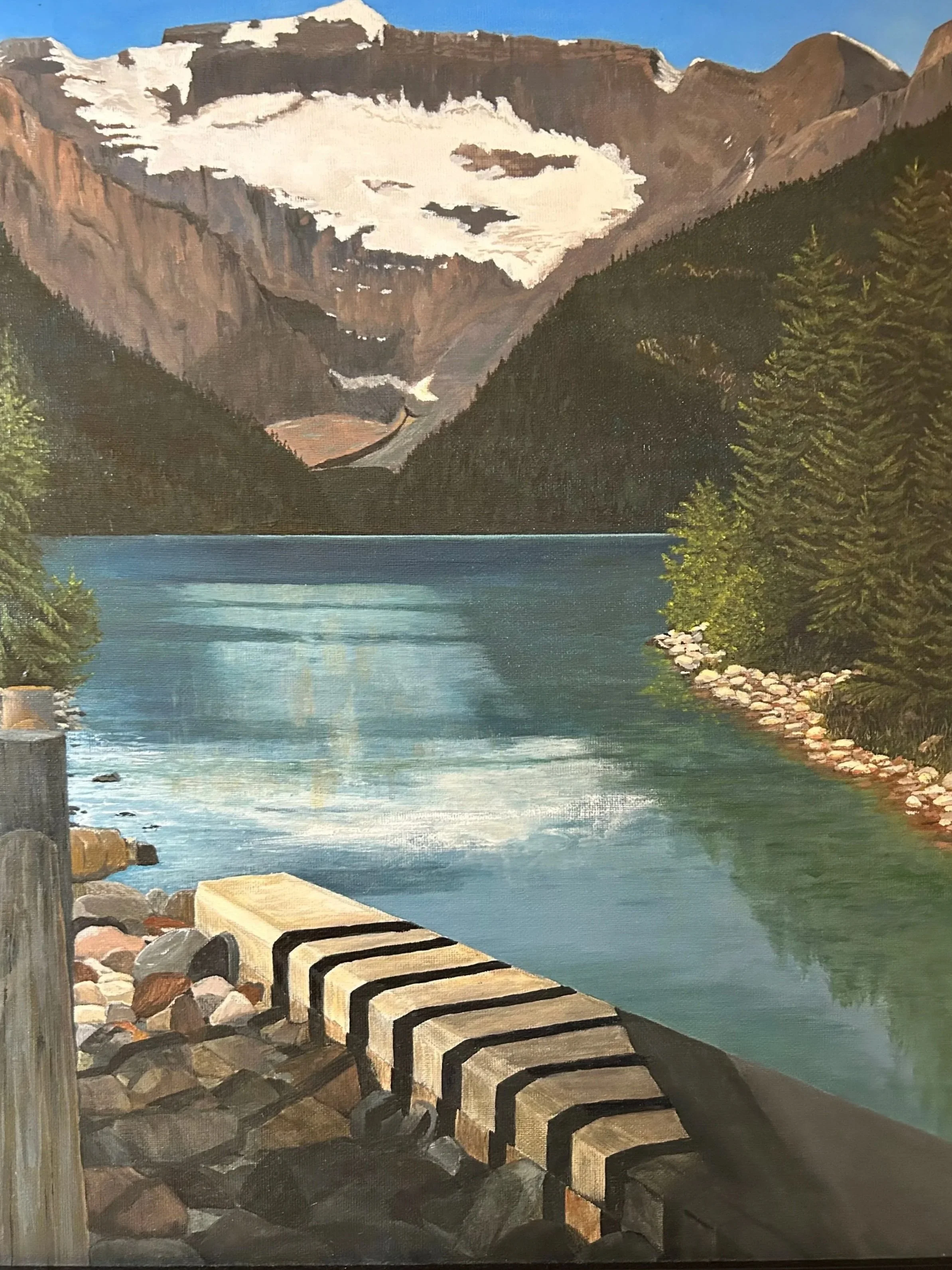A landscape painting of a Lake Louise. with snow-capped peaks and dense green pine trees along the shoreline. A cement seat with in the shadow of a fence extends into the lake in the foreground.