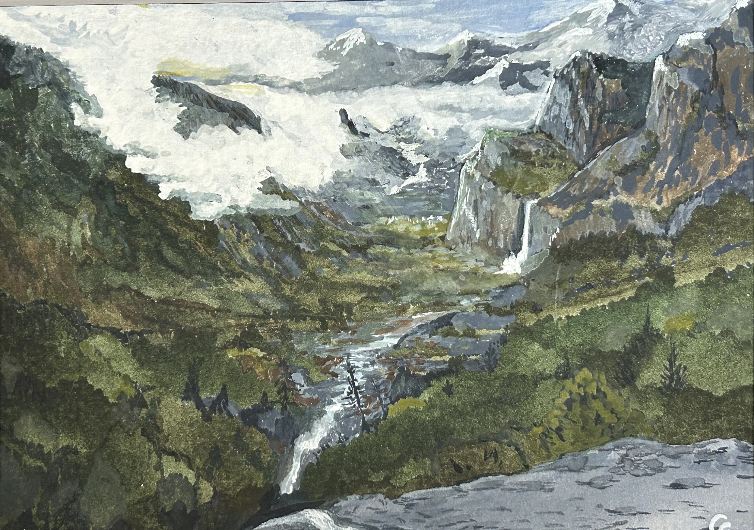 A watercolor painting of a mountain landscape with snow-capped peaks, a waterfall flowing over rocks, green trees, and a cloudy sky.