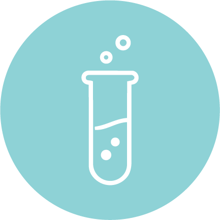 Outline of a test tube with bubbles and liquid inside, on a blue circular background.