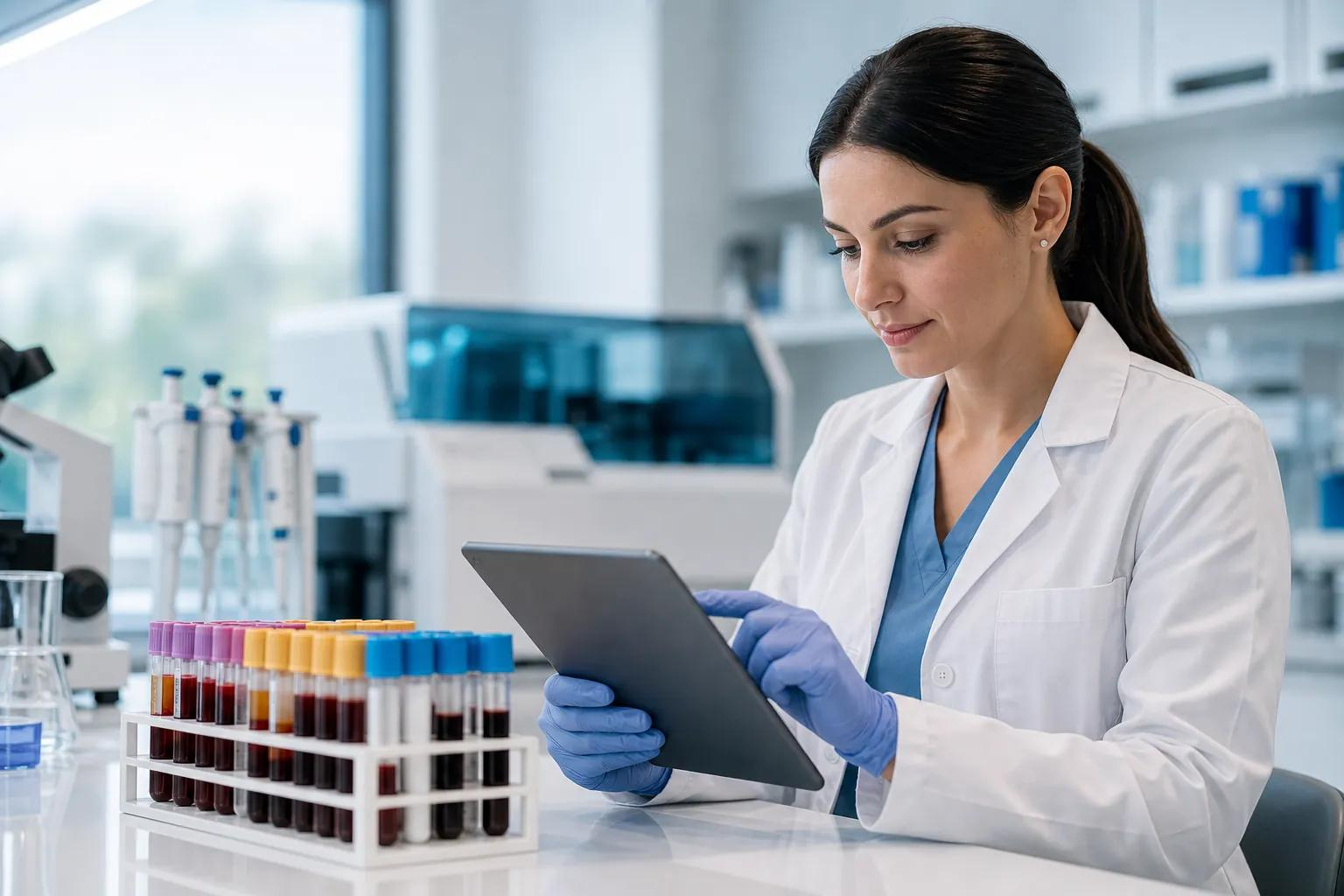 A female scientist in a white lab coat and gloves examining data on a tablet in a laboratory with test tubes filled with blood samples and laboratory equipment.