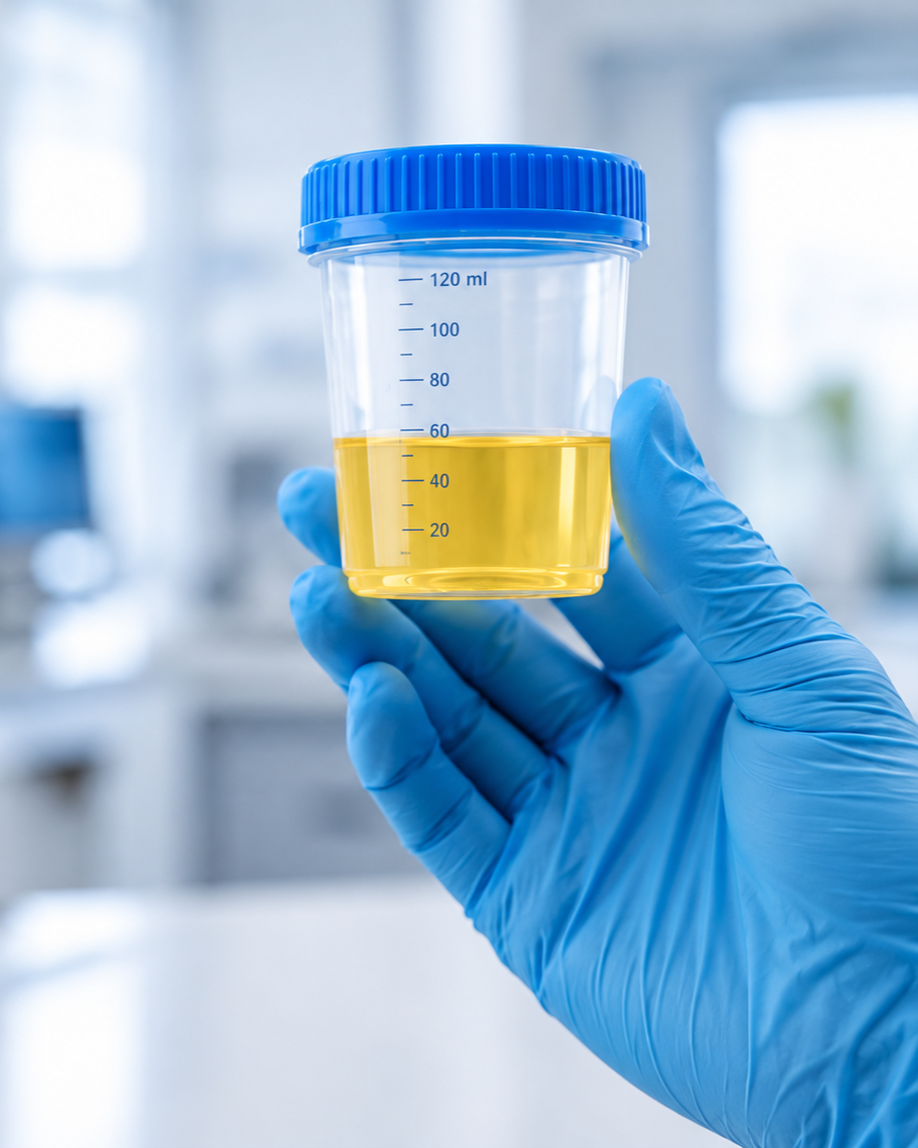 A gloved hand holding a transparent container with yellow urine, marked with measurement lines up to 120 ml, in a clinical or laboratory setting.