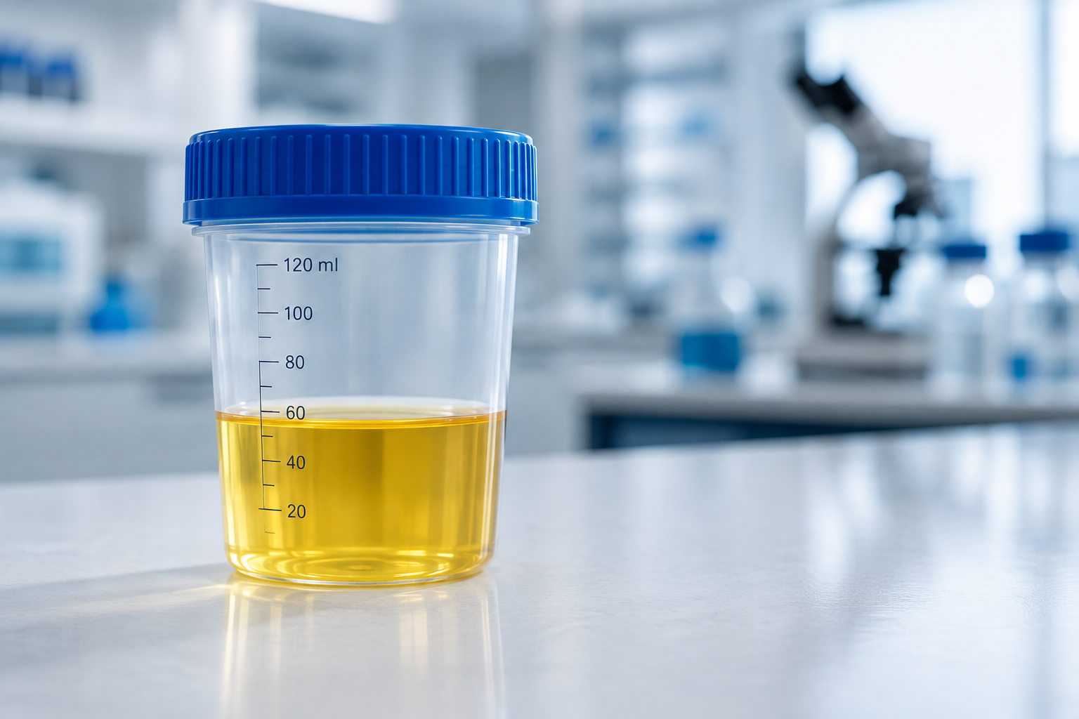 Laboratory sample container filled with yellow liquid on a lab bench with microscopes and lab supplies in the background.