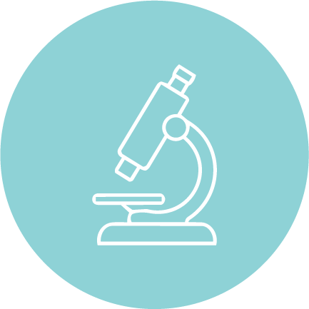 Icon of a microscope on a teal circular background.