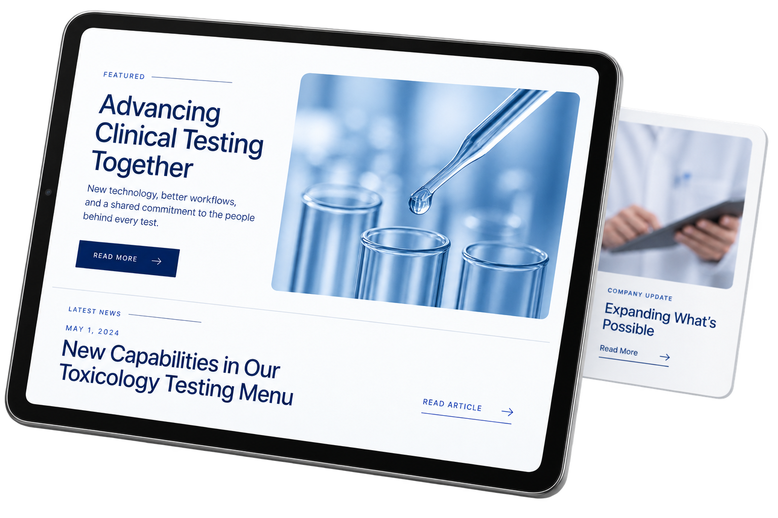 Digital tablets displaying medical website pages about clinical testing and toxilogy menu, with a background of a person in a medical coat.