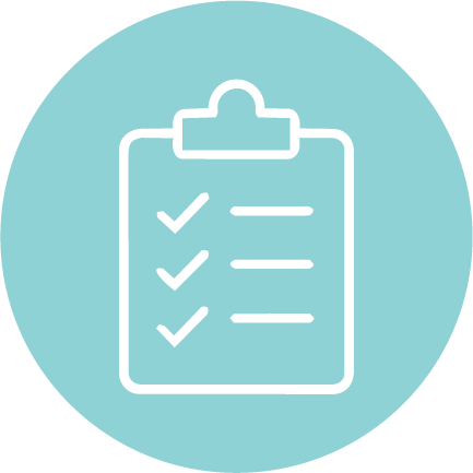 Icon of a clipboard with a checklist and checkmarks on a blue background.