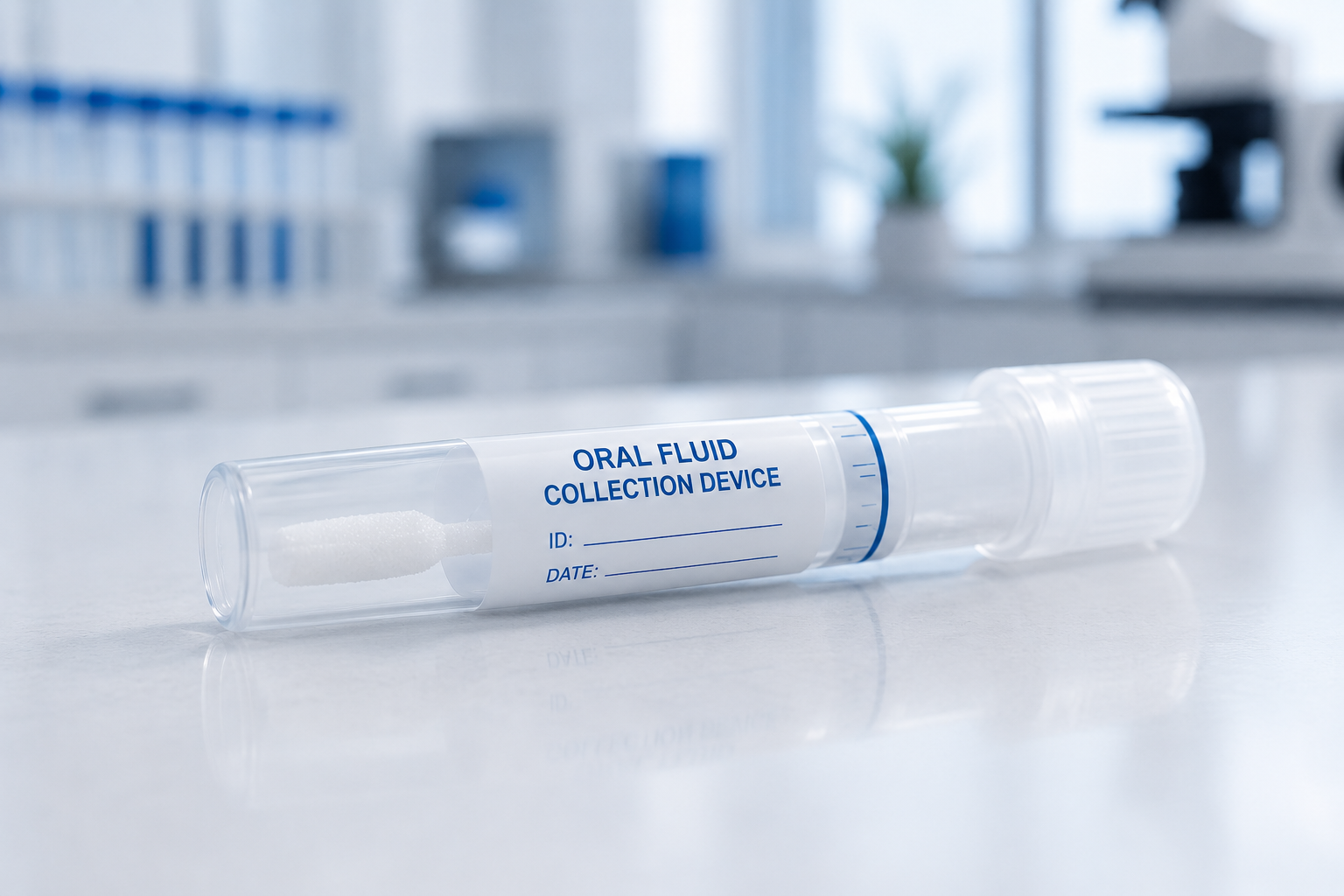 A clear plastic tube labeled 'ORAL FLUID COLLECTION DEVICE' resting on a white surface in a medical setting.