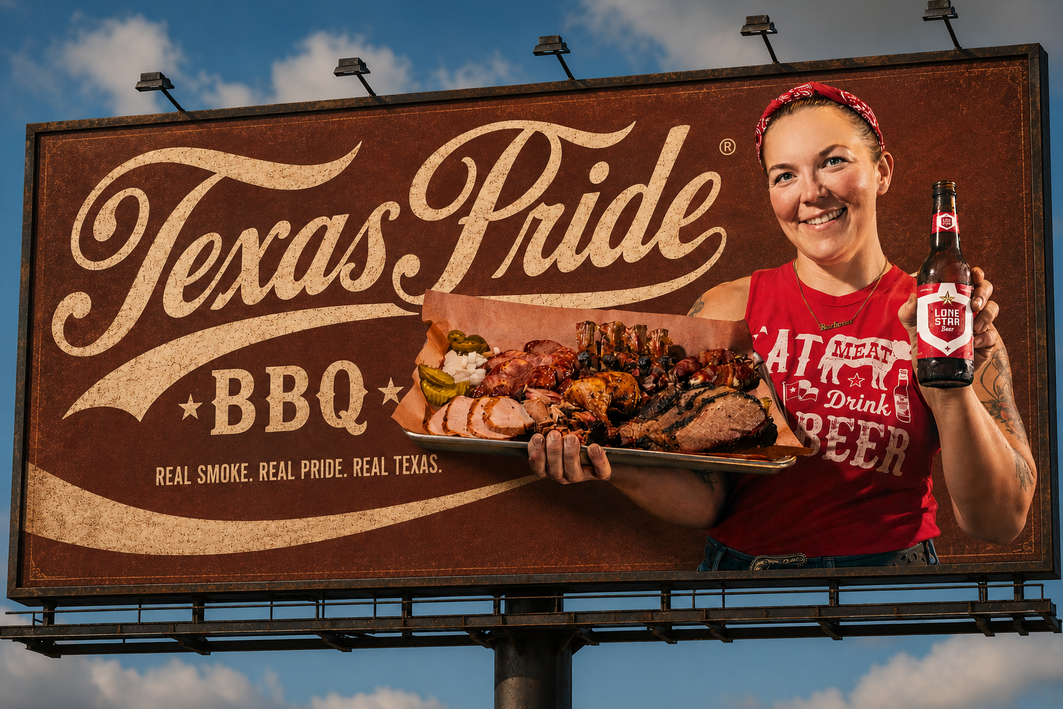 Billboard advertisement for Texas Pride BBQ featuring a smiling woman in a red bandana and shirt holding a tray of barbecue meats and a Lone Star beer bottle, with the text "Texas Pride BBQ" and slogan "Real Smoke. Real Pride. Real Texas." in the bac