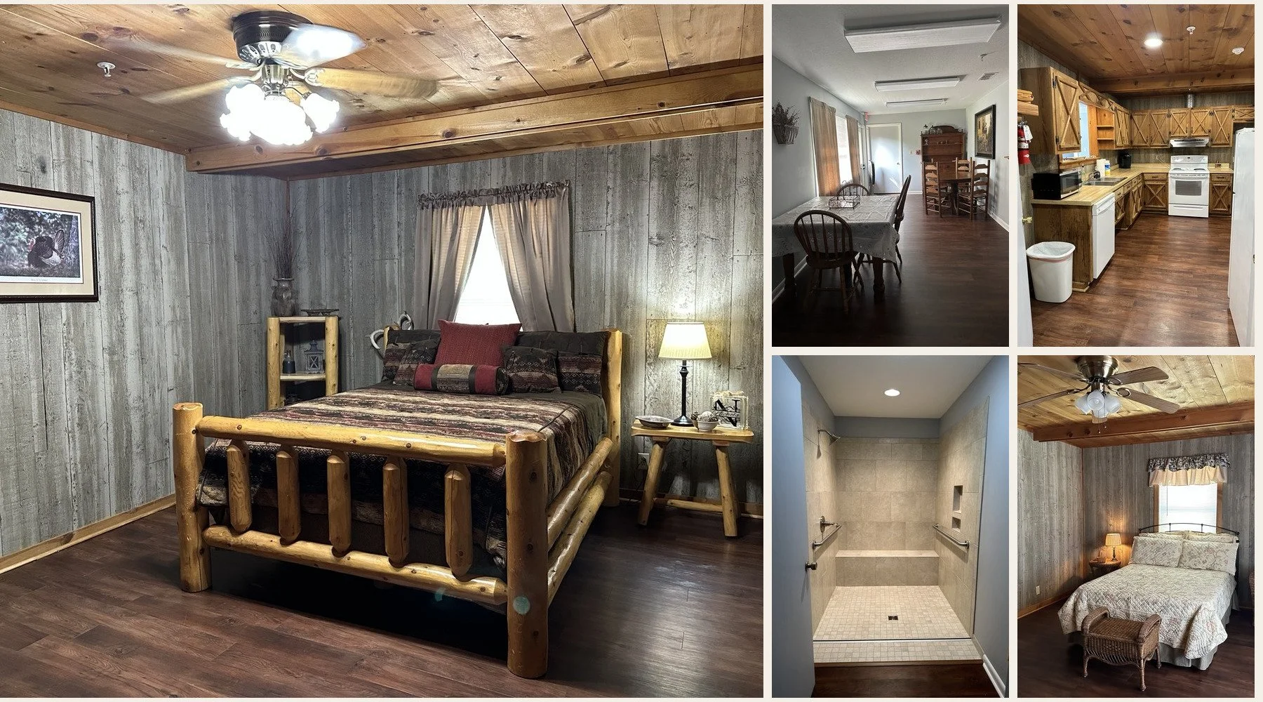 Collage of interior photos of a rustic-style cabin, including a bedroom with a log bed and wood-paneled walls, a dining area with a wooden table and chairs, a kitchen with wooden cabinets and appliances, a walk-in shower with grab bars, and a bedroom with a floral bedspread and wicker furniture.