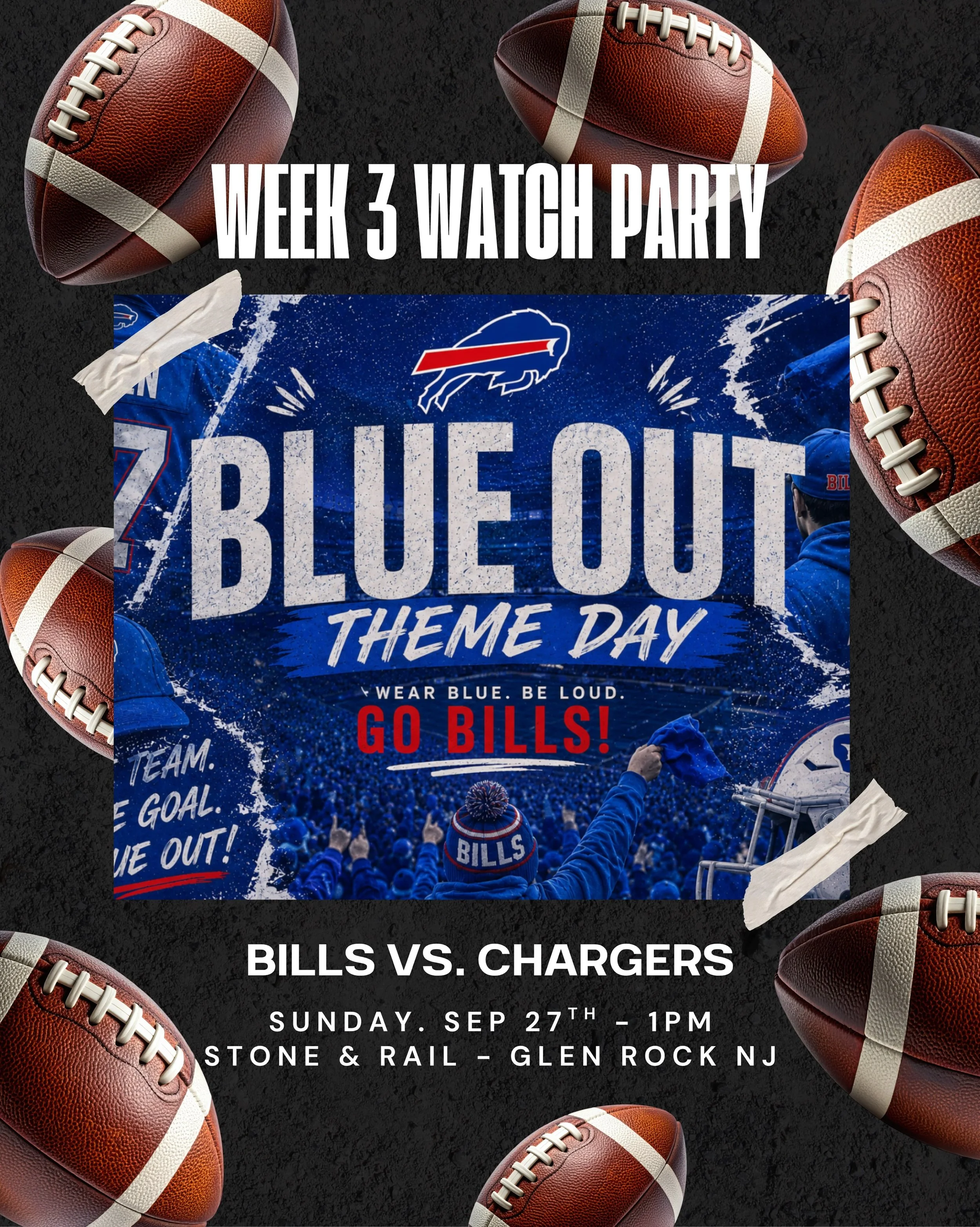 🔵 BLUE OUT SUNDAY 🔵

Week 3 is almost here and so is our first theme day of the season!

From head to toe, we are taking over in Bills. Rock your favorite blue gear and let&rsquo;s turn Stone and Raul into a sea of blue for game day. 

- Buffalo Bi