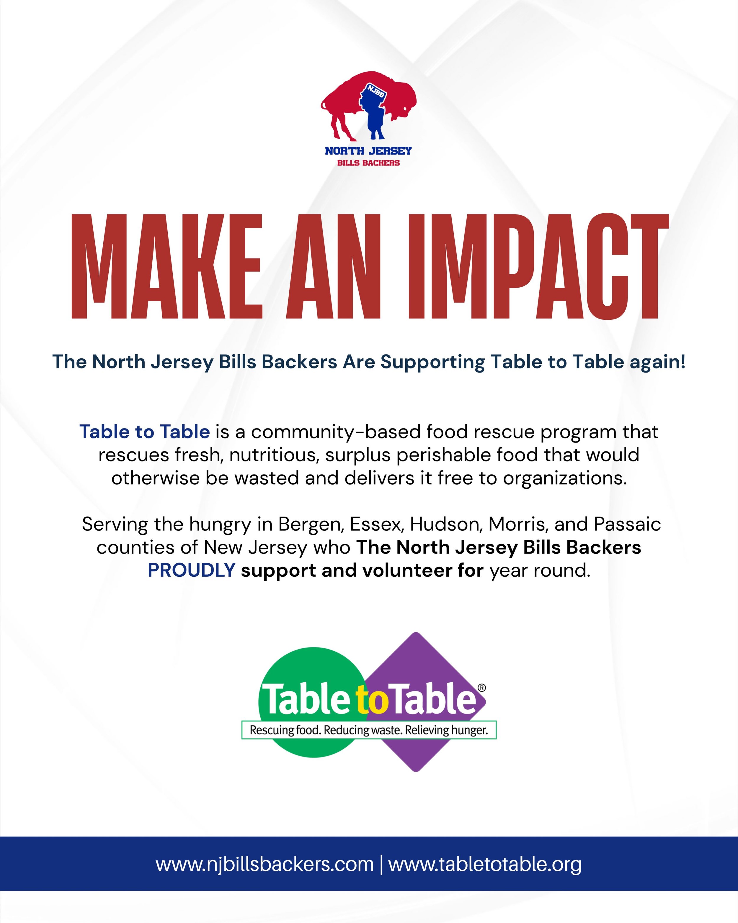 🏈💙 Bills Mafia, let&rsquo;s put our passion to work!

This Sunday, we&rsquo;re teaming up with Table to Table to help rescue and redistribute surplus food in our community &mdash; and we need Bills Mafia to help make it happen.

🚗 A few hours.
📦 