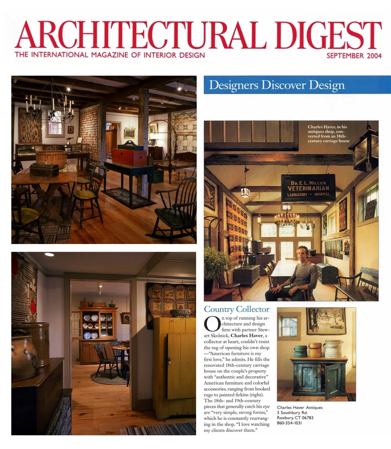 Page from Architectural Digest magazine featuring interior design photos of antique furniture shop and design studio with wooden furniture, art, and displays.