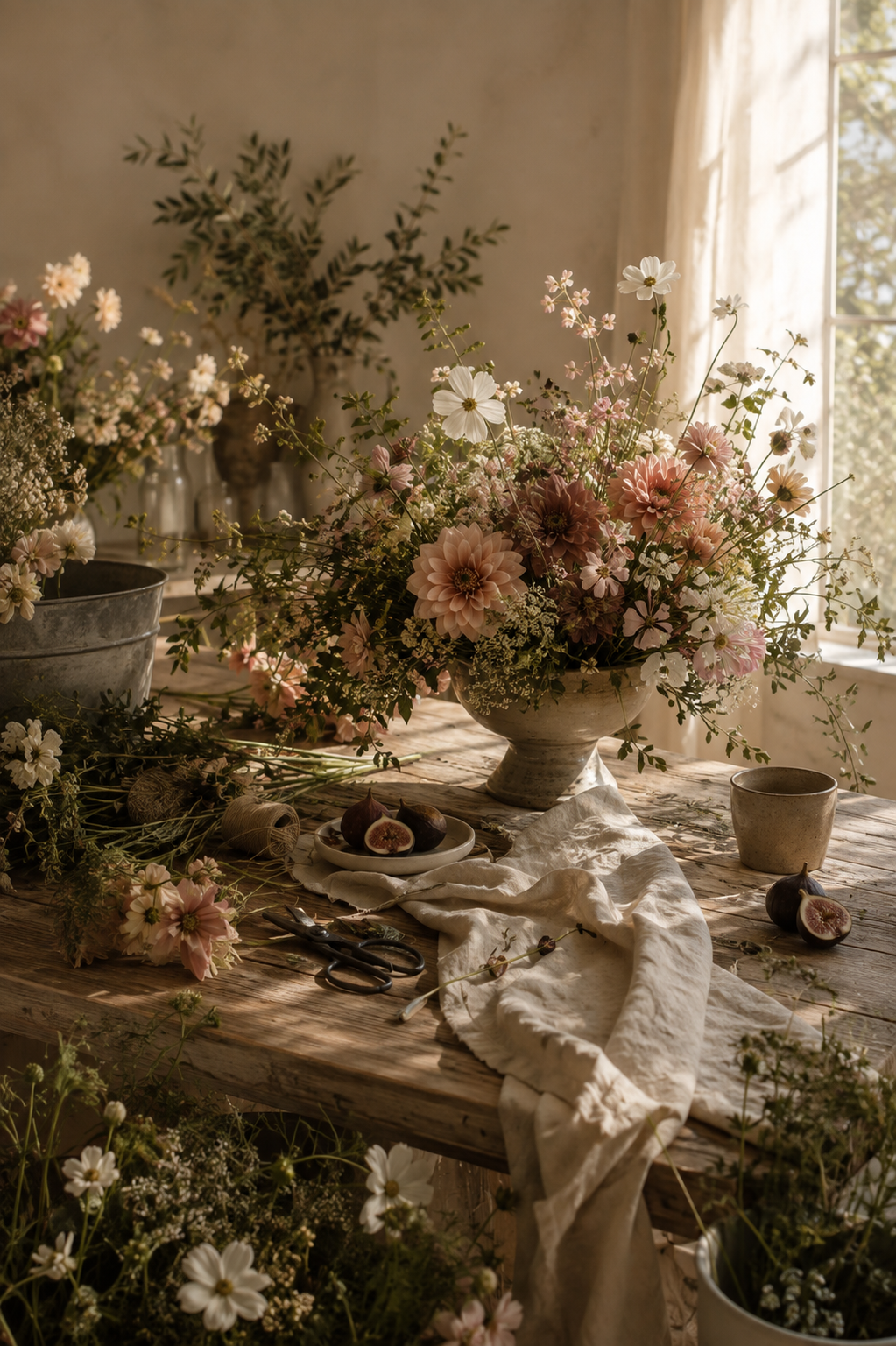 Romantic garden-inspired floral arrangement with soft pink and white blooms by Fable & Fig Florals in Denver, Colorado