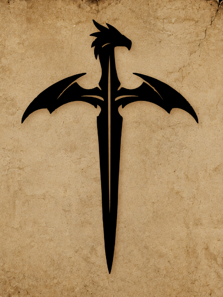 A black silhouette of a sword with bat wings and a dragon head on top, set against a parchment background.