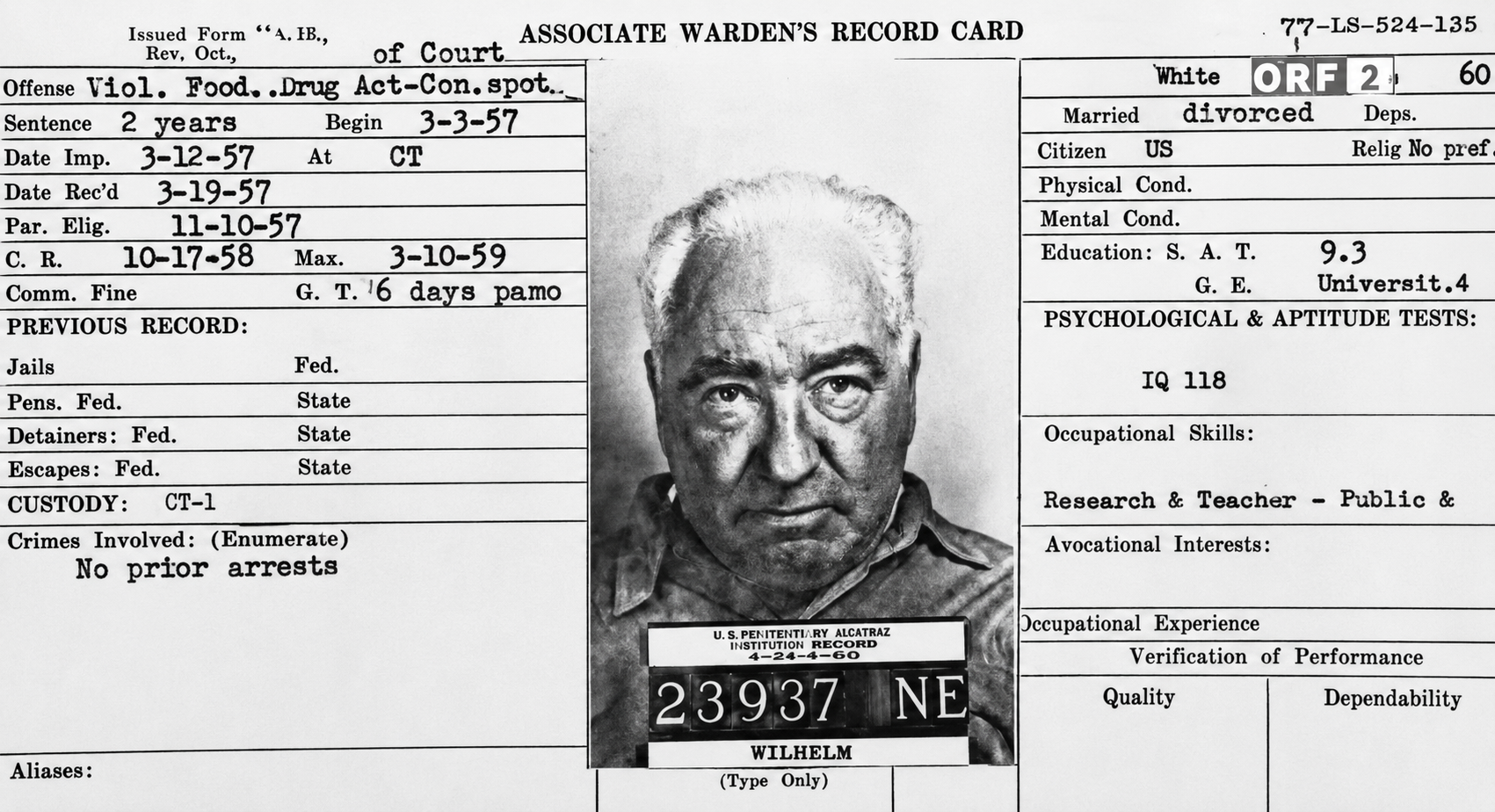 Black and white record card with a portrait of an elderly man with gray hair, number 23937 NE, and various personal and legal information including details about his criminal record, psychological tests, and institutional record.