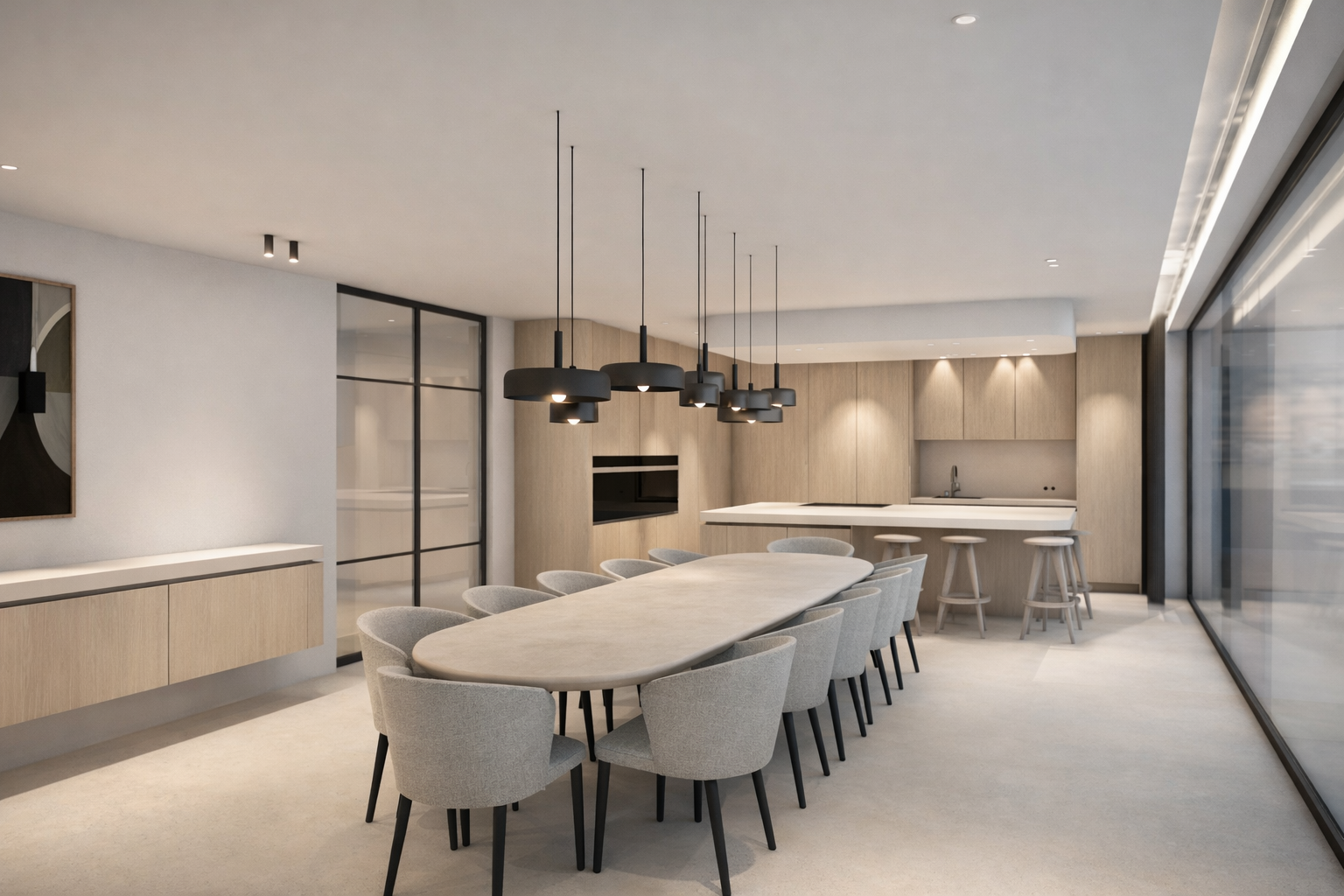 Modern dining room with a large oval table, cushioned chairs, black pendant lights, and a kitchen area with a counter and stools near a large glass window.