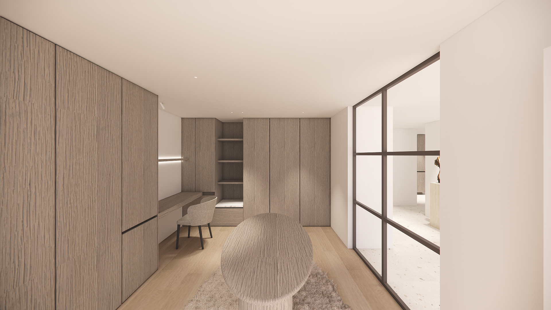 Modern room with wooden closets, a desk with a chair, and a large glass window dividing the space.