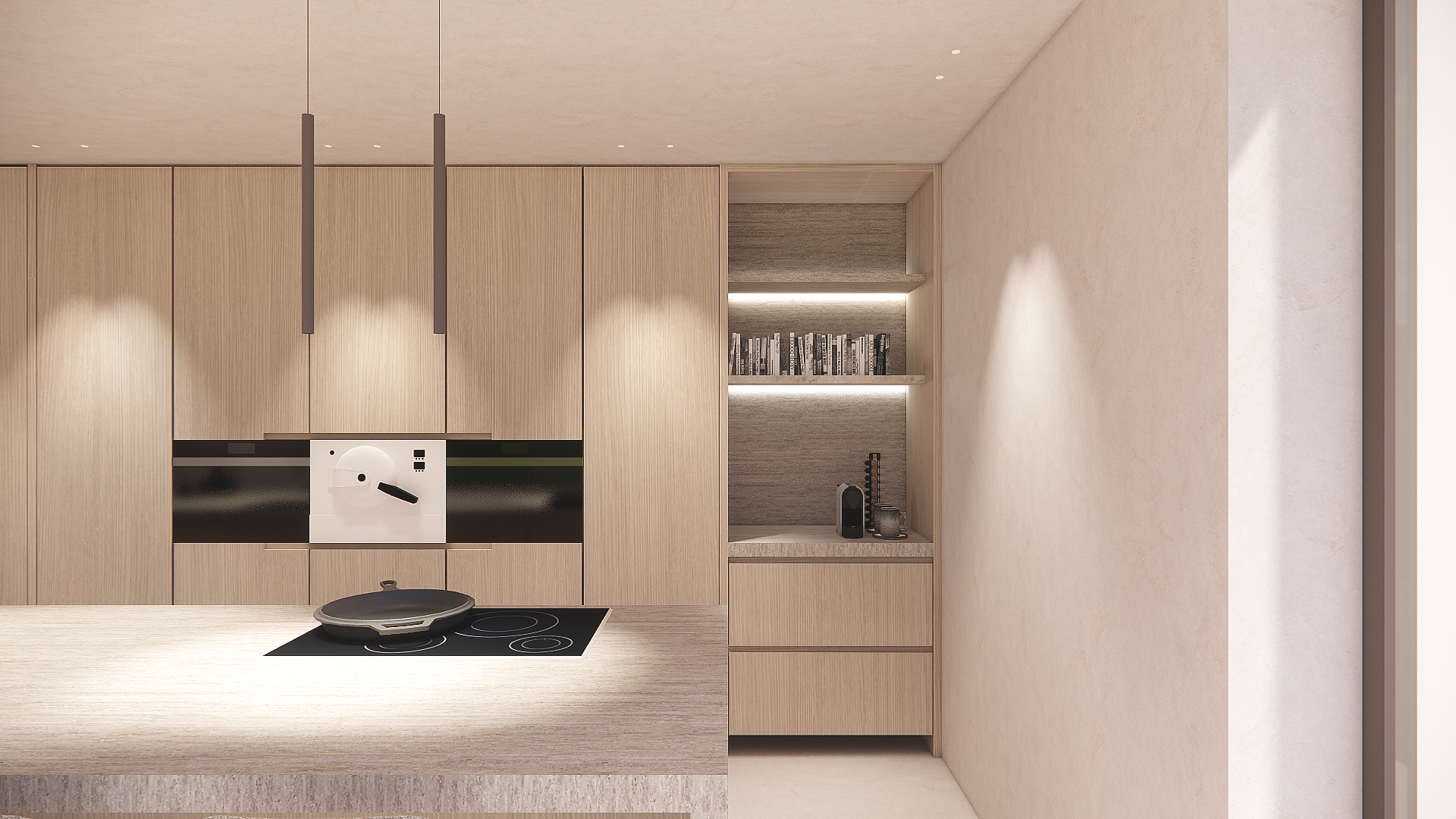 Minimalist kitchen with light wood cabinets, a black stove with a frying pan, and a built-in bookshelf with books and decorative items on the right side.