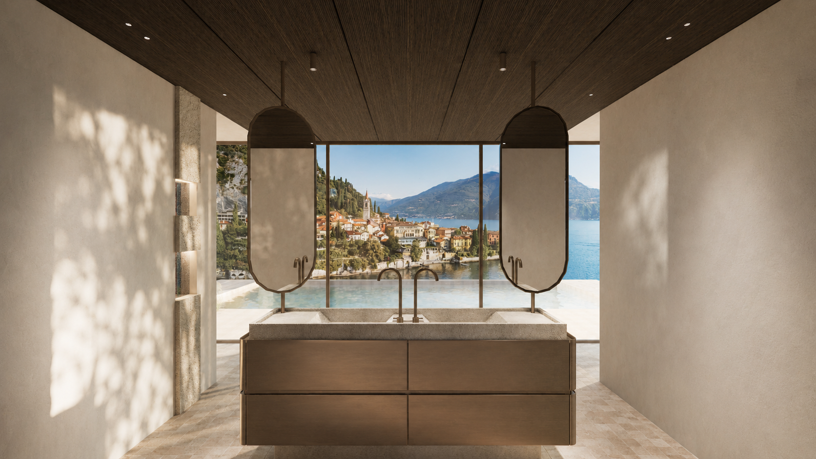 italië, badkamer, brons, natuursteen, metaal, room with a view, ronde spiegels, spiegels op staanders MAV Interior MAV Interieur