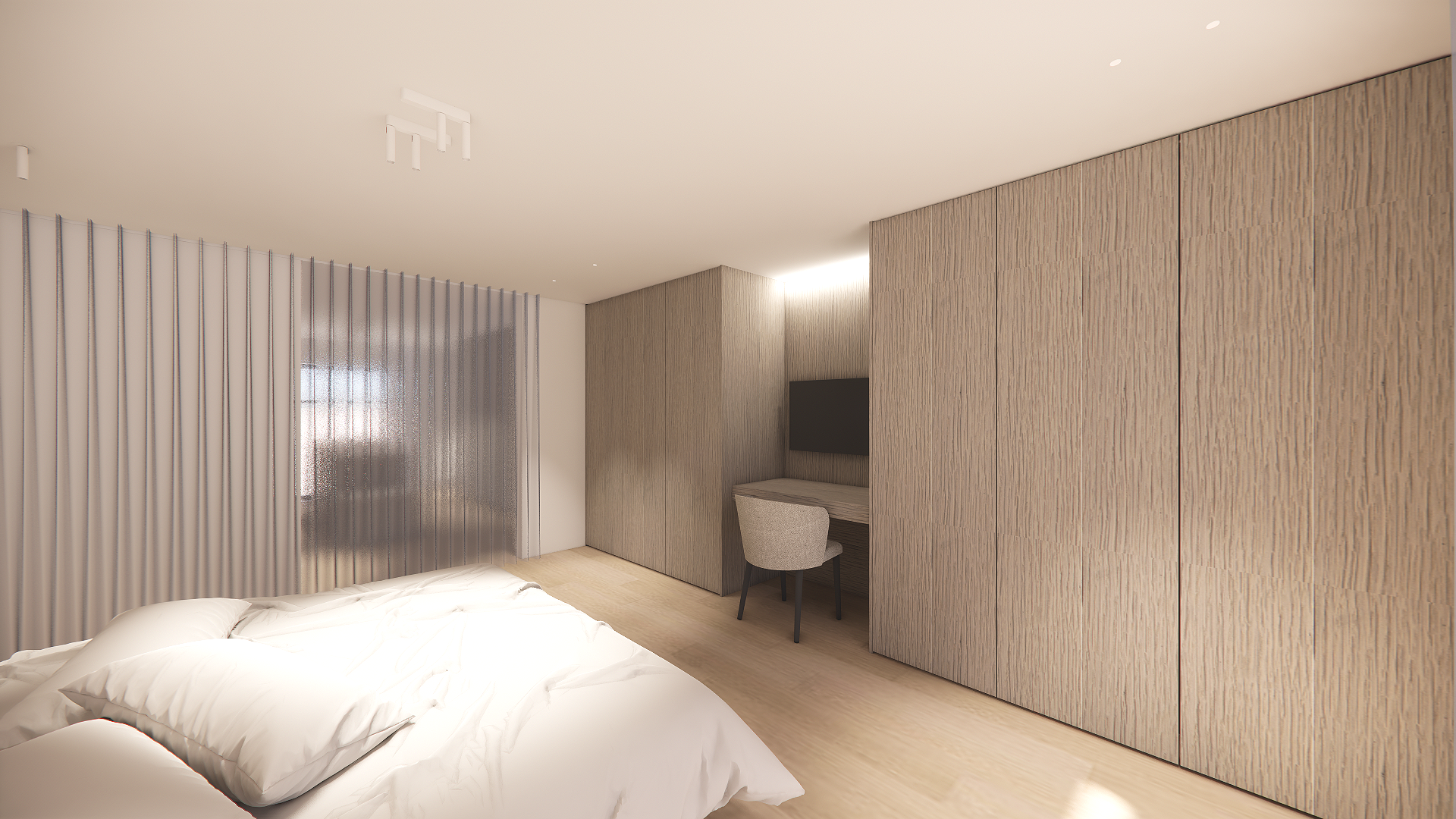 Modern bedroom with a bed, a textured wooden wardrobe, a wall-mounted TV, a small desk with a chair, and a white ceiling with minimalist lighting.