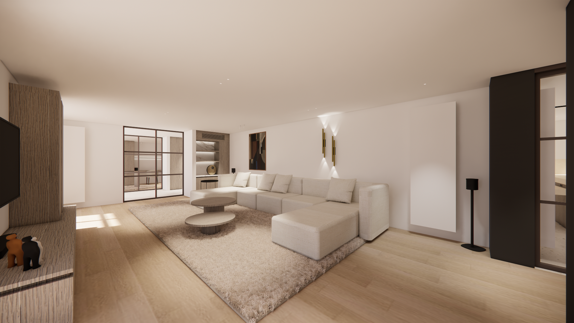 Modern living room with white sectional sofa, beige cushions, wooden coffee tables, wall artwork, wall sconces, black floor lamp, and a beige rug.