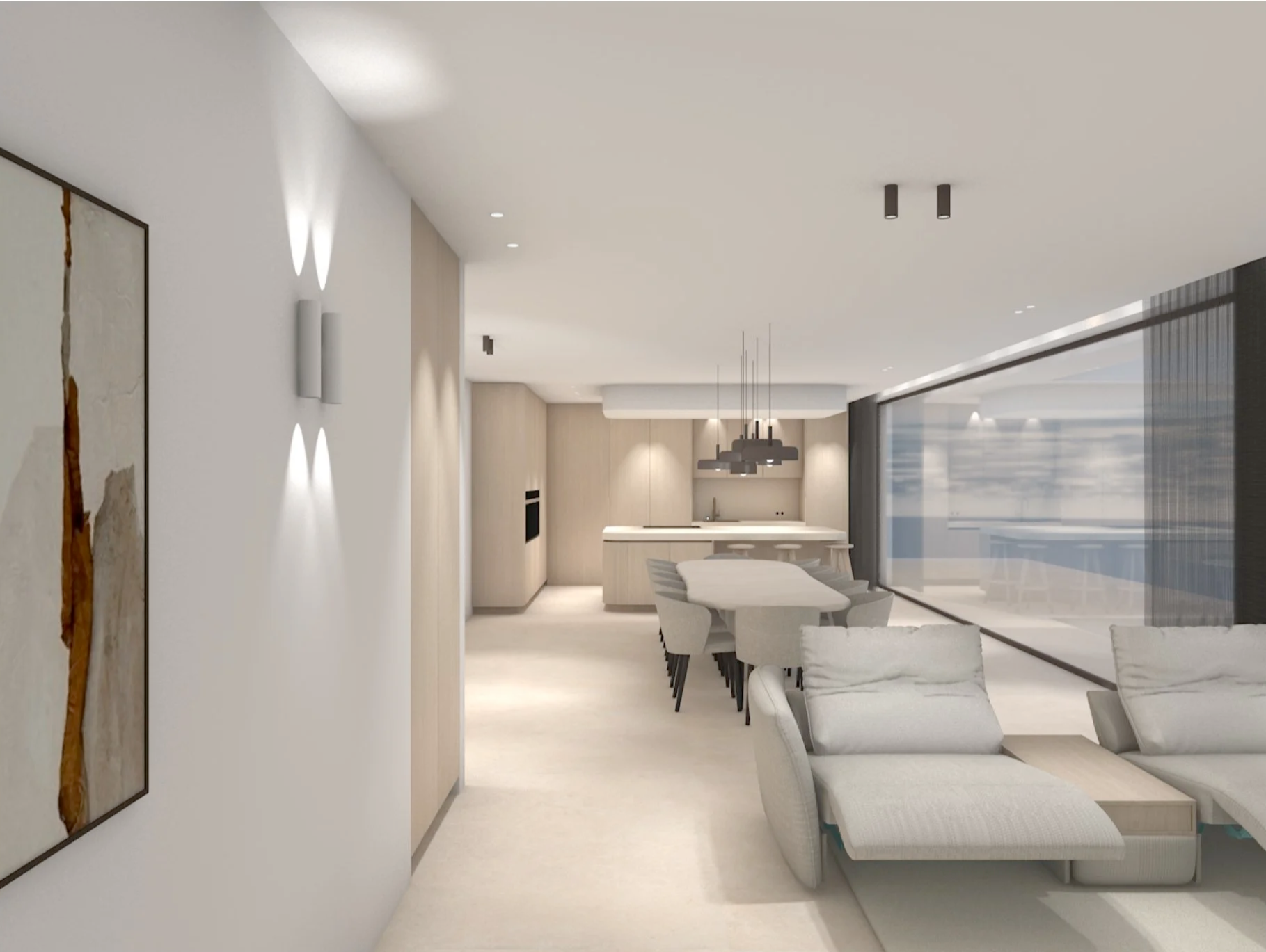 Modern open-concept living and dining area with white walls, light wooden accents, a sofa, a dining table with chairs, a pendant light fixture, and large sliding glass doors opening to an outdoor space.