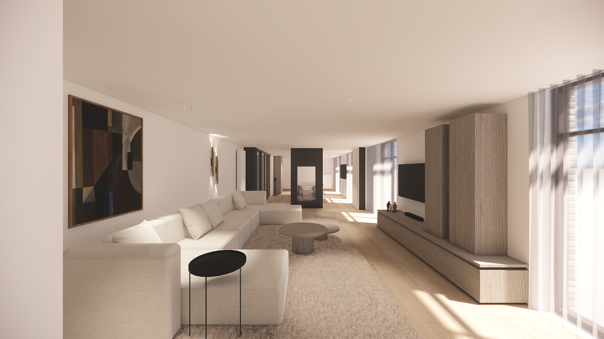 Modern living room with beige sectional sofa, abstract wall art, flat-screen TV, wooden entertainment unit, and large windows with sheer curtains.