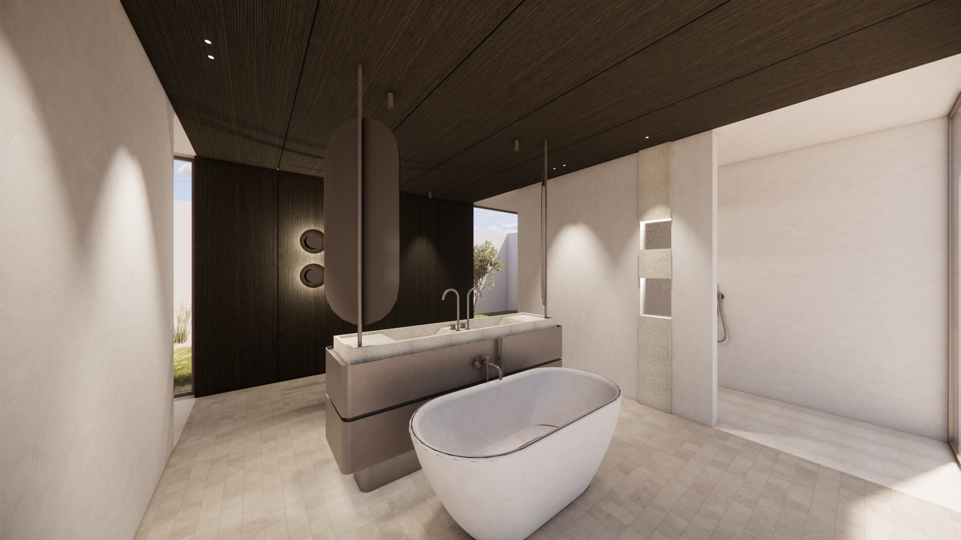 Modern bathroom with free-standing bathtub, sink, and shower with a handheld showerhead, featuring minimalist design and natural lighting.