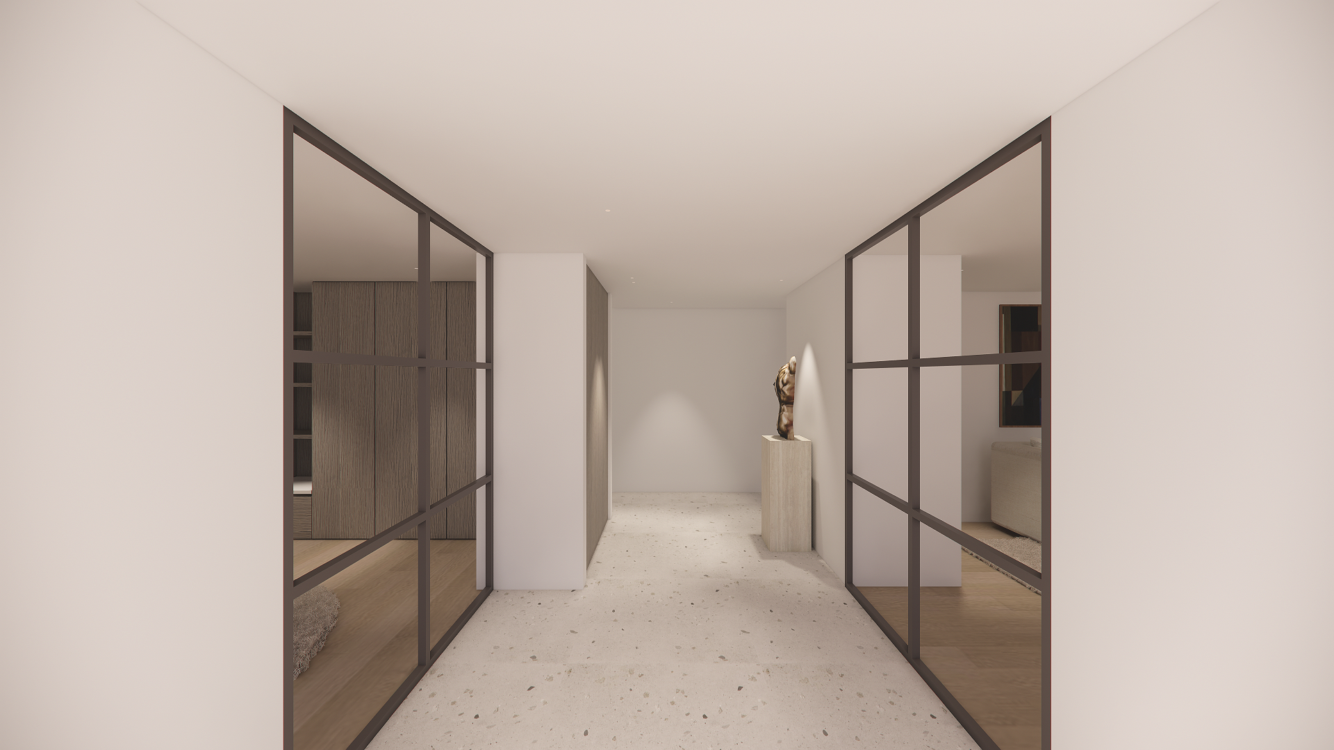 Interior view of a modern home with white walls and black metal framed glass doors leading to different rooms, a sculpture on a pedestal, and a living area with a sofa.