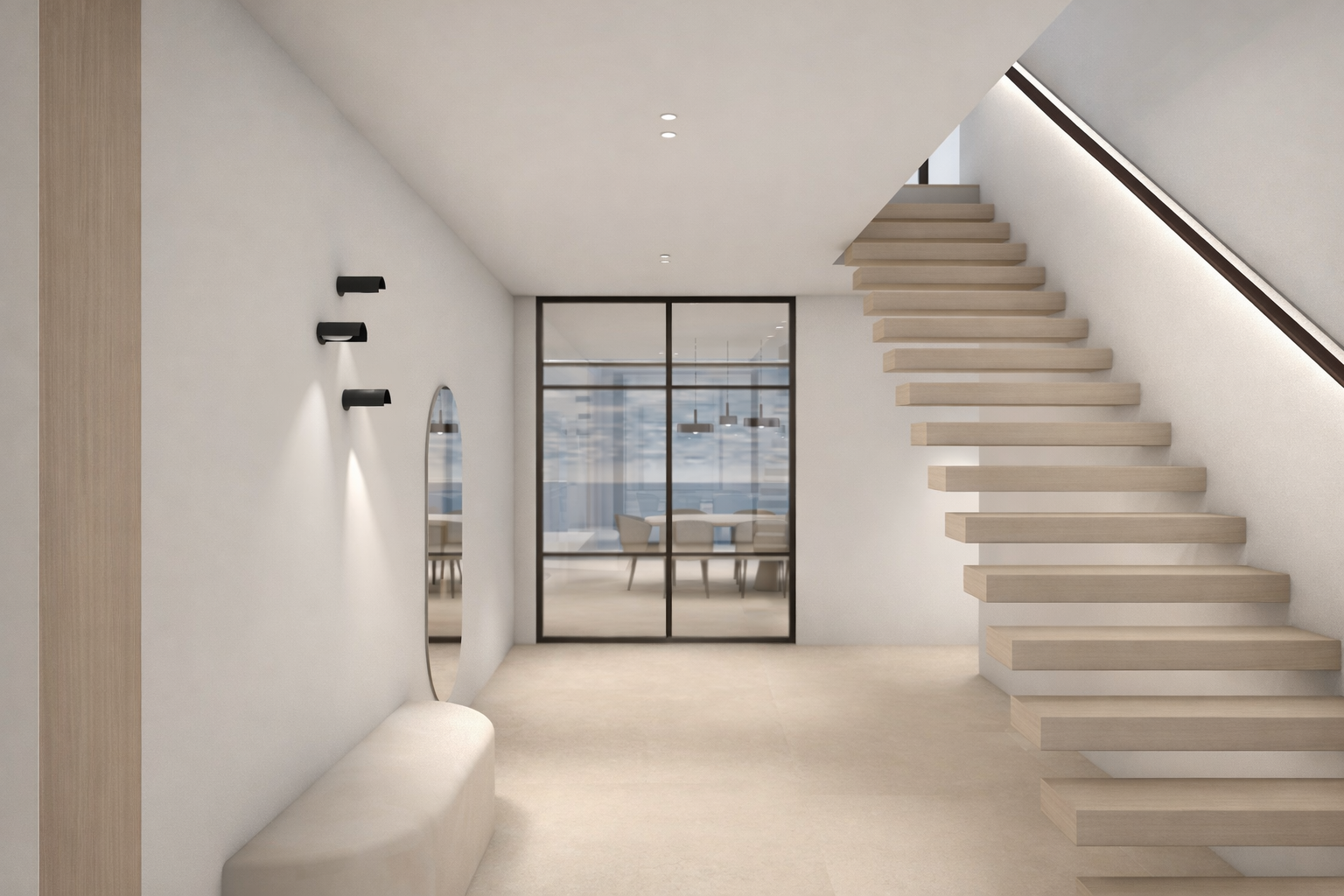 Modern minimalist staircase in a bright hallway with a large window at the end showing a view of a cityscape.