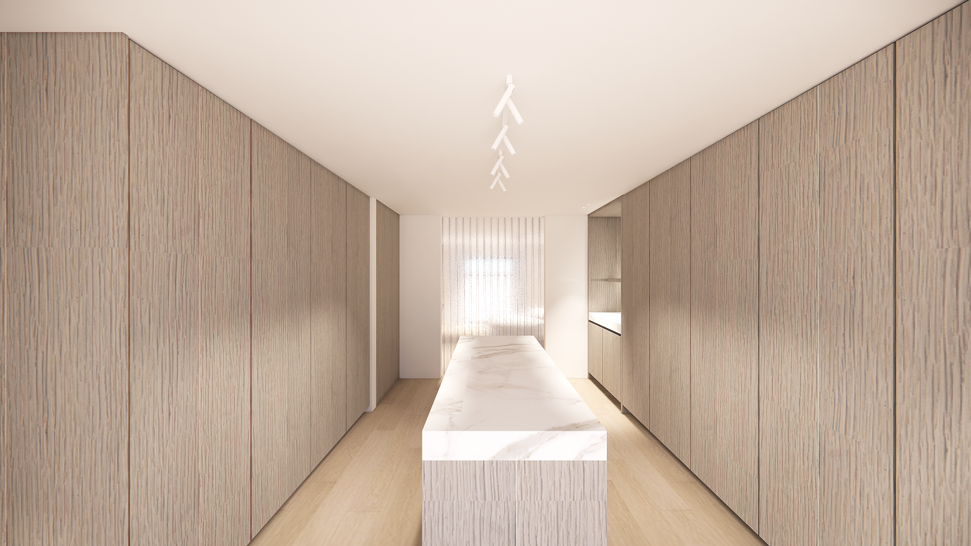 A modern interior hallway with wooden panel walls, a white marble table in the center, a white ceiling light fixture, and backlit textured window at the end of the corridor.