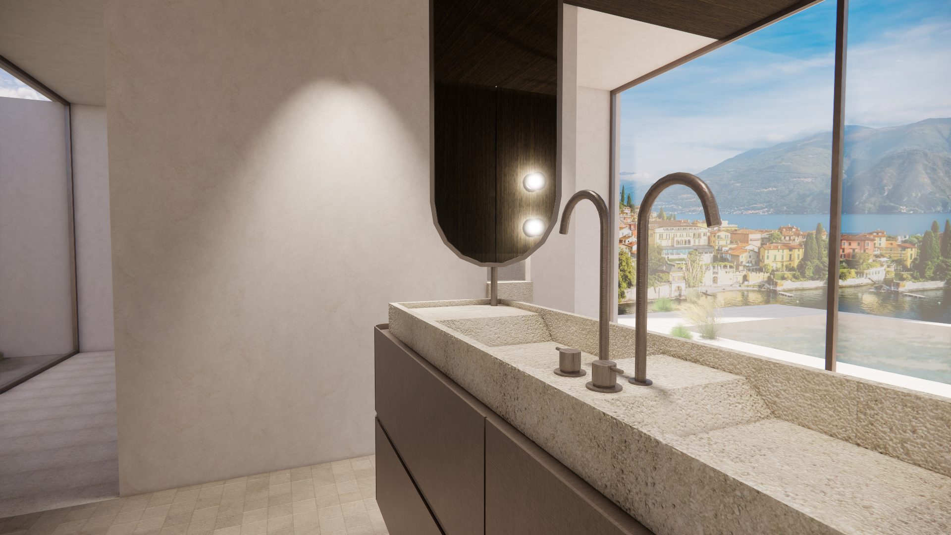 Modern kitchen with a beige stone countertop, two metallic faucets, and a large window offering a view of a lakeside town with mountains in the background.