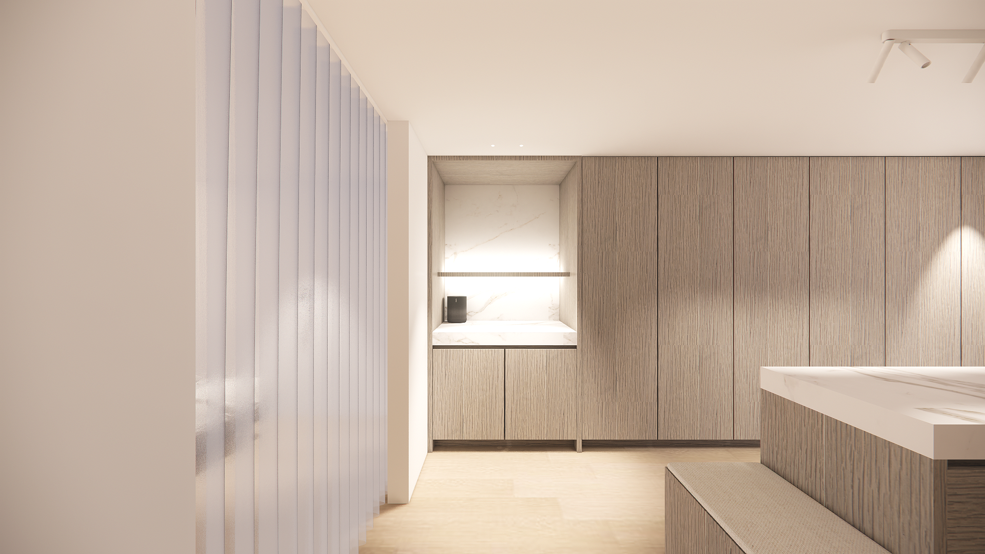 Modern minimalist interior with wood-paneled wall, marble niche with black speaker and shelf, white ceiling with track lighting, beige floor, and a marble-topped counter.