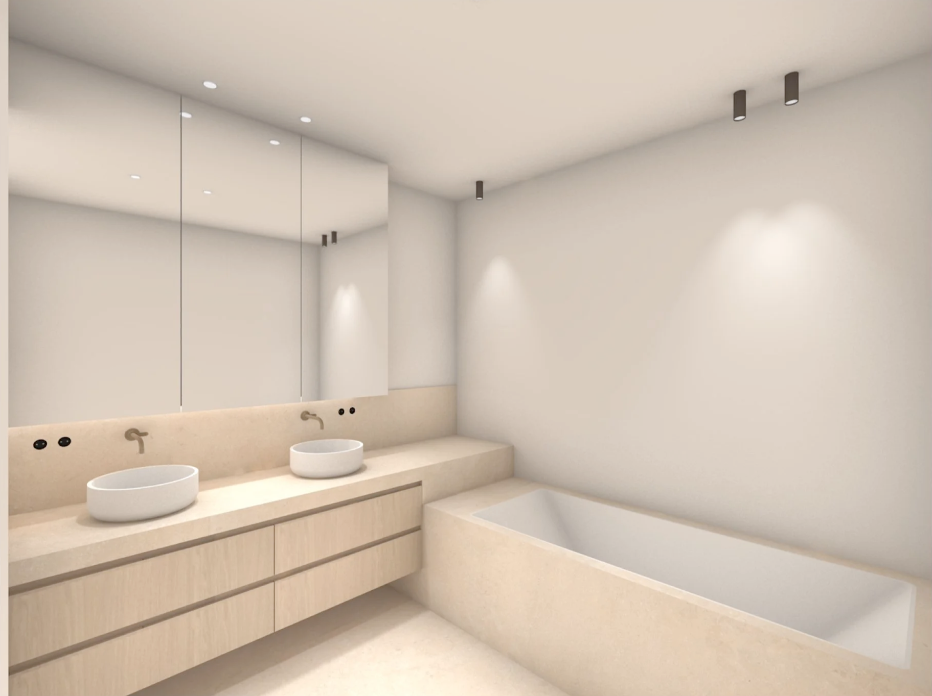 A modern, minimalistic bathroom with a double vanity featuring two vessel sinks, a large mirror, and ambient lighting. The design uses light wood and neutral tones.
