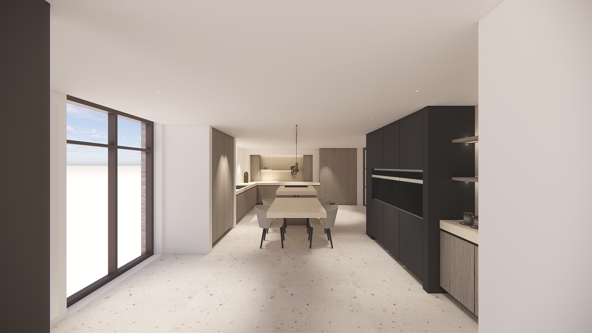 Modern kitchen with large window, beige table and chairs, gray cabinetry, and black storage unit in a minimalist style.
