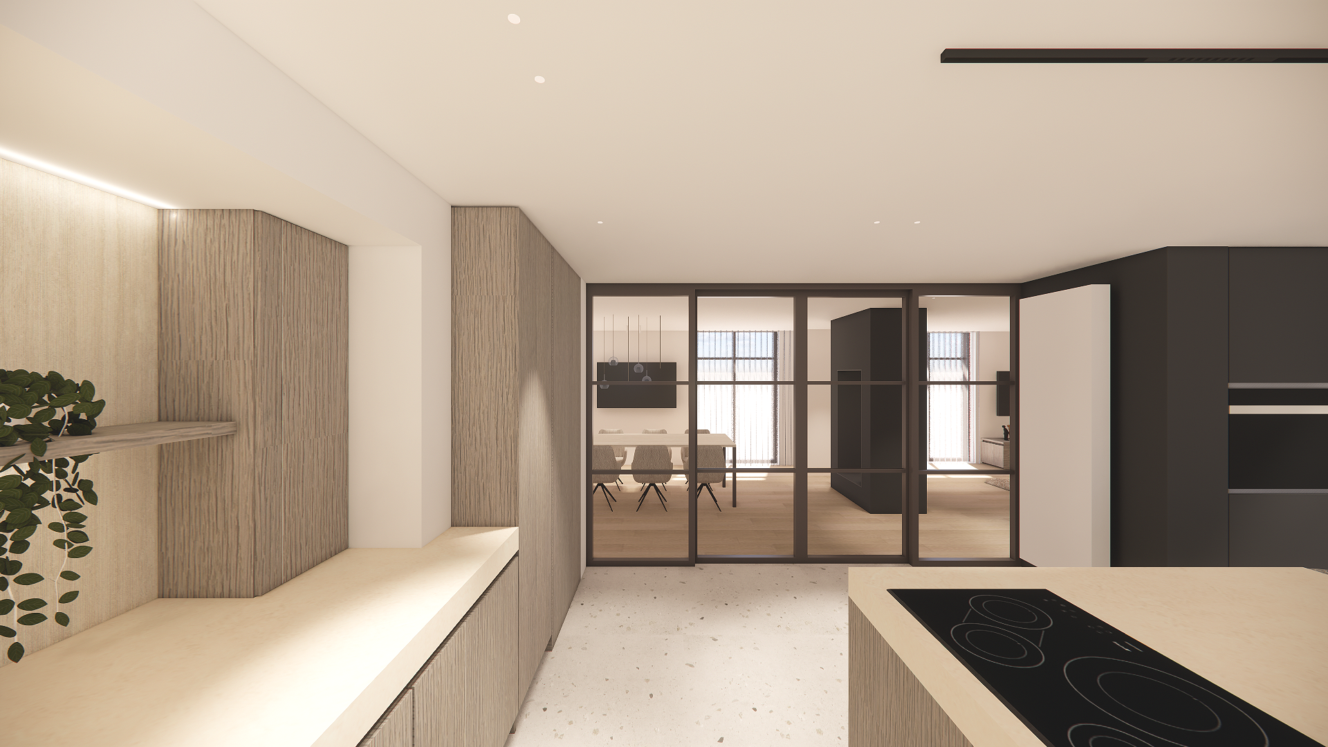 Modern open-concept kitchen with a view into the dining and living area, featuring natural wood accents, black framing, and minimalist design.