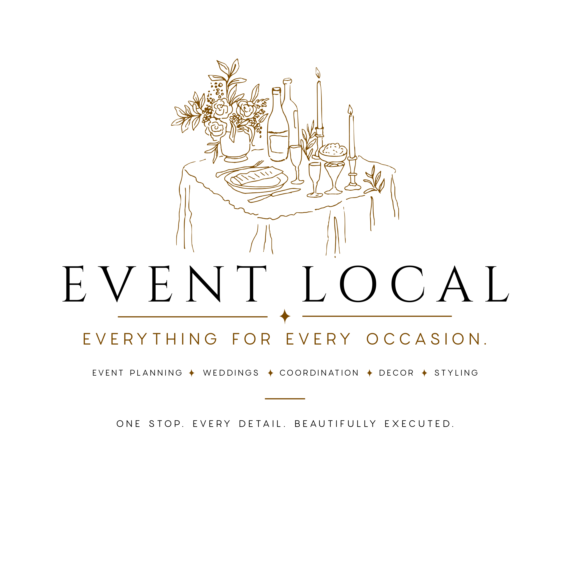 A logo with a line drawing of a table set for an event, featuring flowers, bottles, glasses, candles, and a plate of food, accompanied by text indicating it's an event planning business for all occasions.