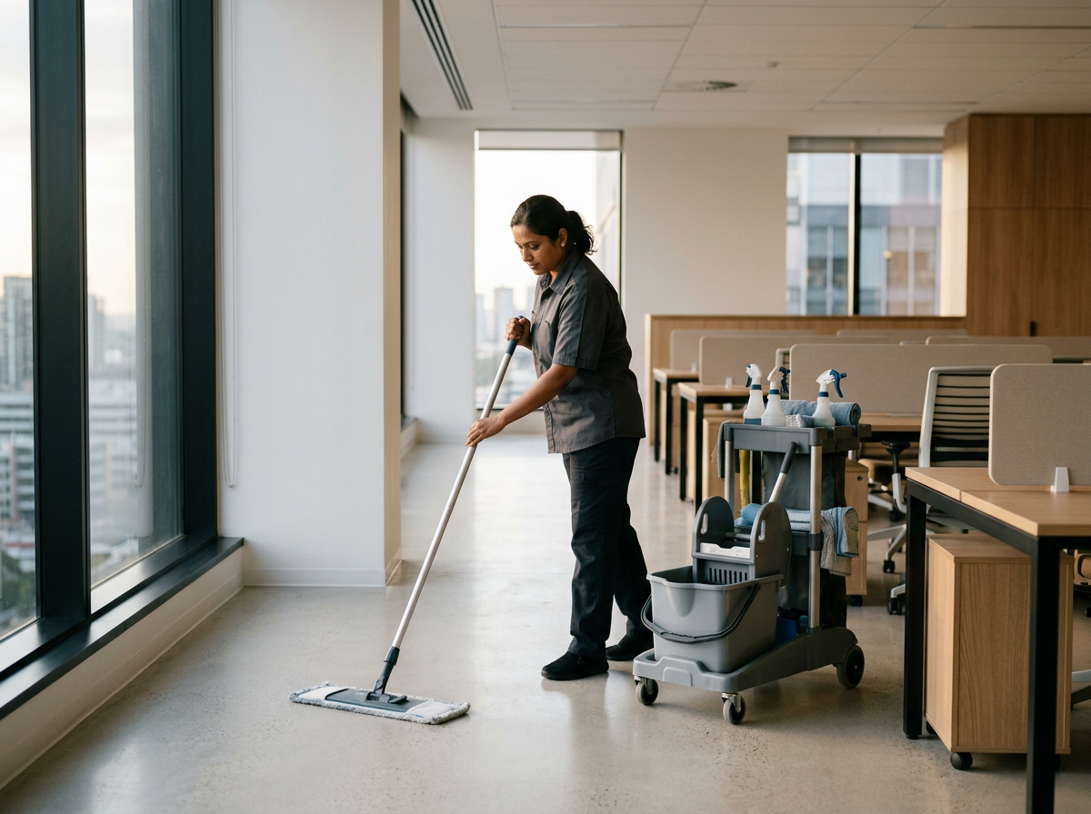 A woman in a gray uniform mops the floor of an office with large windows, sunlight coming in, office chairs and cleaning supplies nearby.