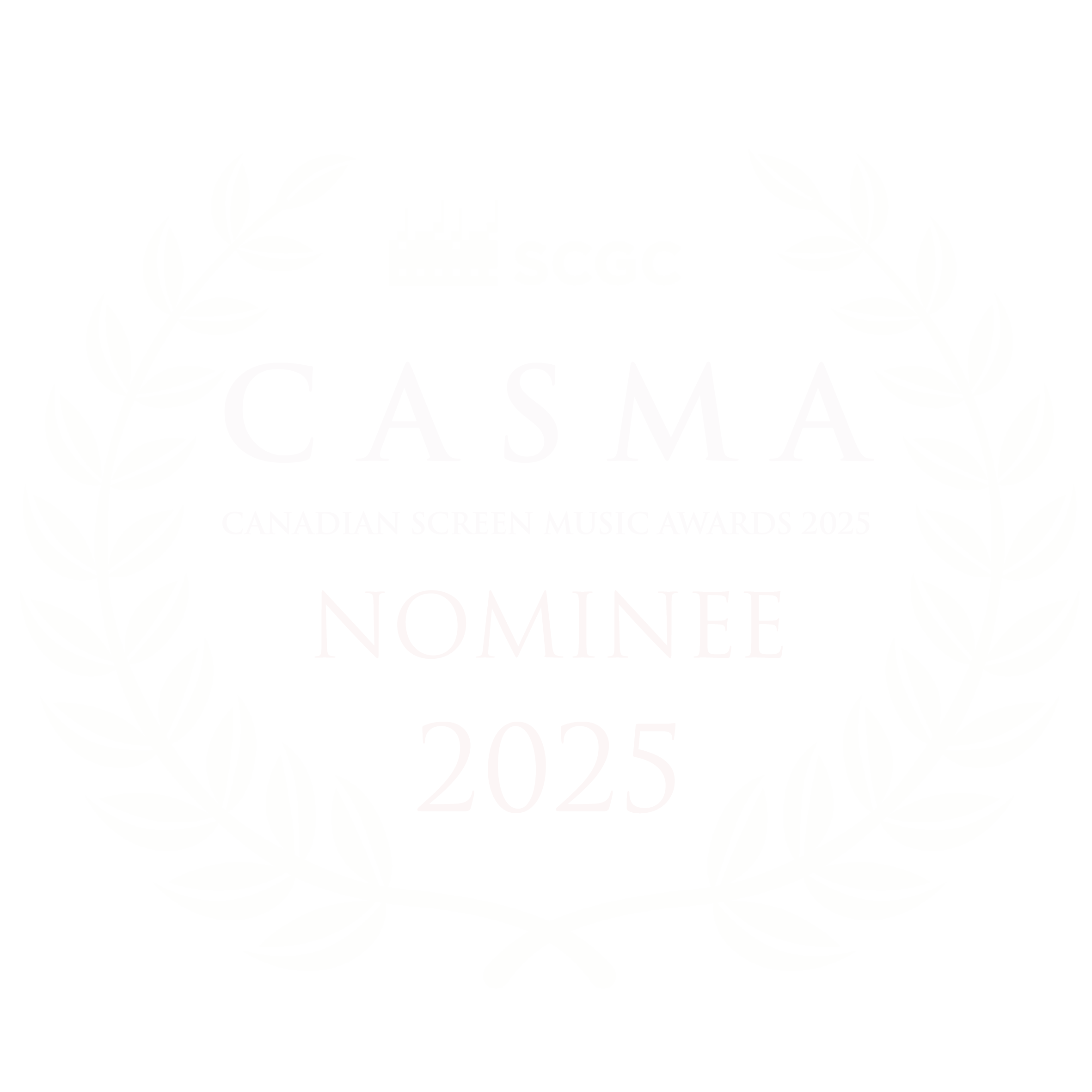 Black background with white laurel branches surrounding text that reads: 'SCGC CASMA NOMINEE CANADIAN SCREEN MUSIC AWARDS 2025'.