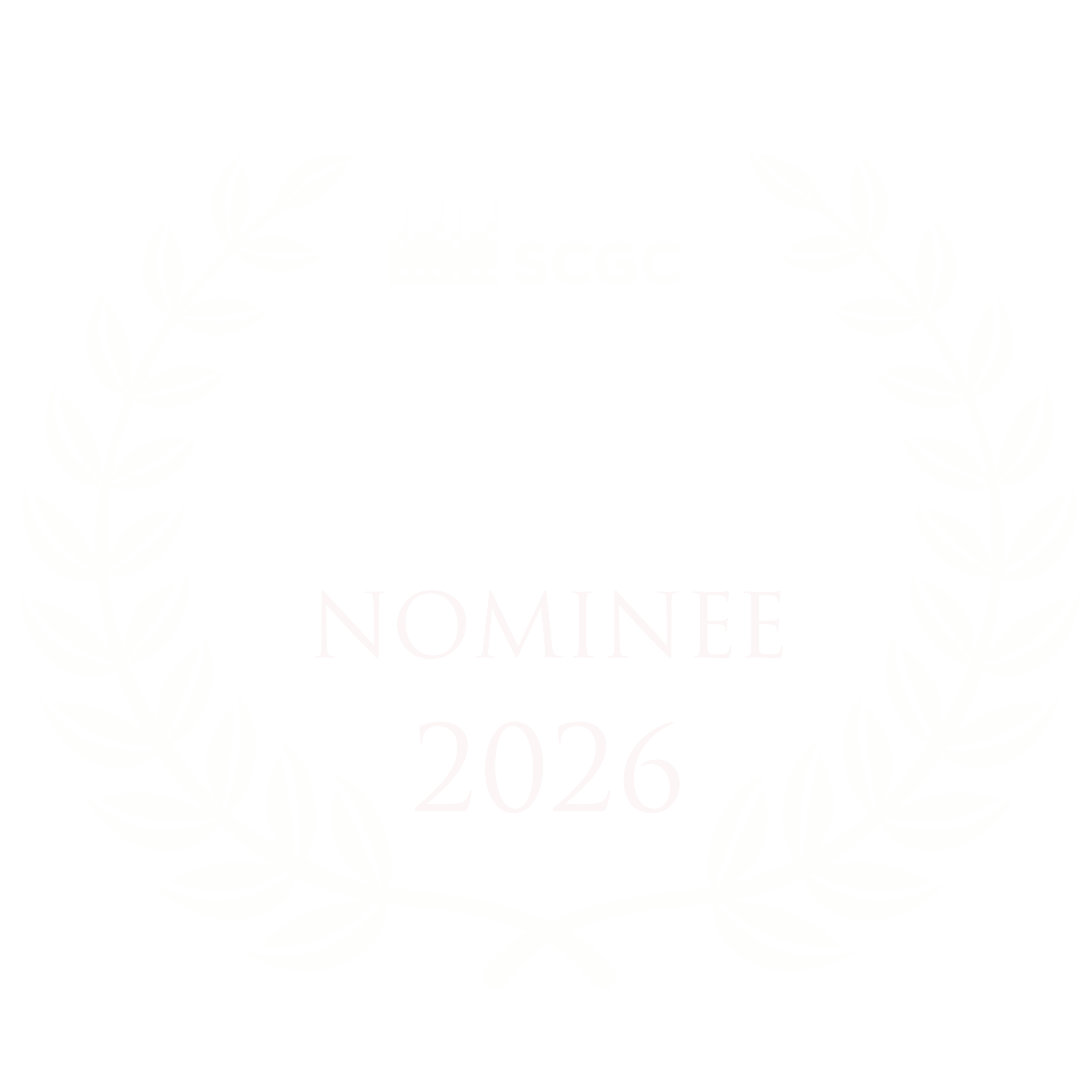 Black and white image of an award logo for the Canadian Screen Music Awards 2026 featuring laurel leaves, a stylized row of five vertical lines, and the text 'SCGC' and 'NOMINEE'.