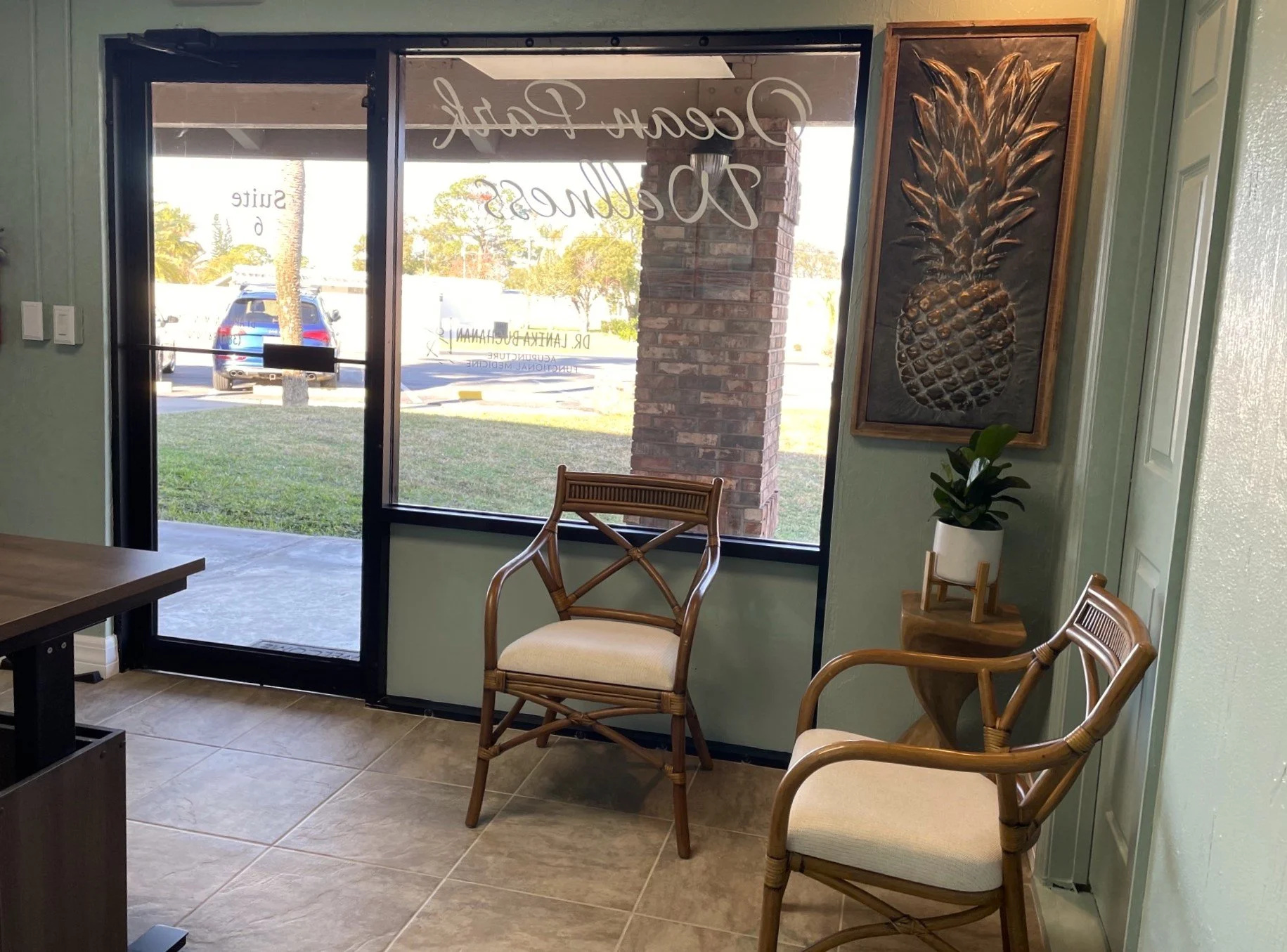 Interior of Ocean Park Wellness with two wooden chairs with beige cushions, a tall potted plant, and framed pineapple artwork on a light green wall. Large glass door with the clinic name sign and a parking lot visible outside.