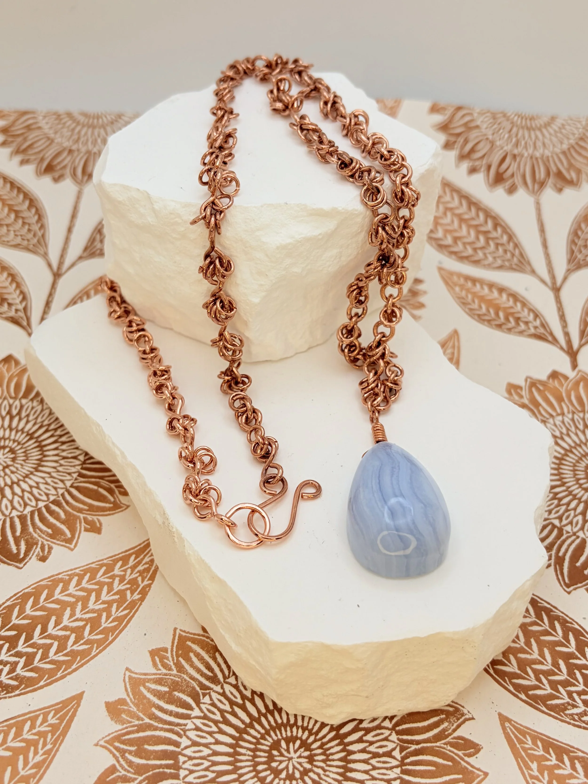 Skyfall Statement Necklace — Copper Chainmail Blue Lace Agate Teardrop Pendant Necklace